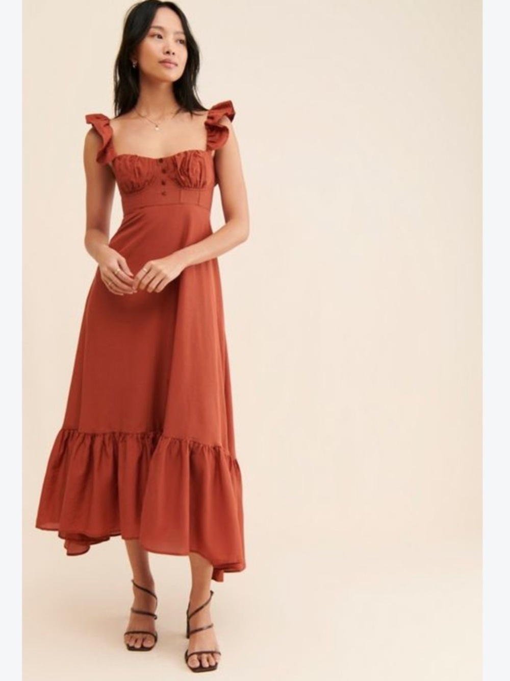 Farm Rio Ruffle-Sleeve Rust Midi Dress